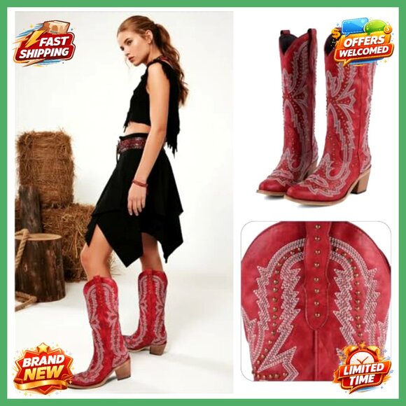 Western Cowgirl Boots Chunky Heel Knee High Pointed Toe Vintage Embroidered - Picture 2 of 7
